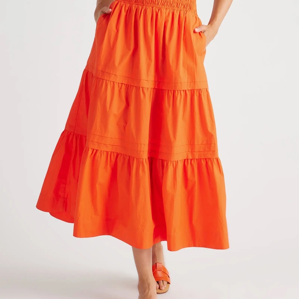 Quince Tiered Midi Skirt in Bright Orange - Picture 2 of 8